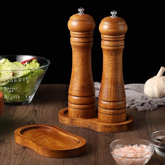 Salt and Pepper Wood Mill Tray, Retro Colour Pepper Grinder Rest, Work Surface and Dining Table Protector (Pepper Mill not Included)