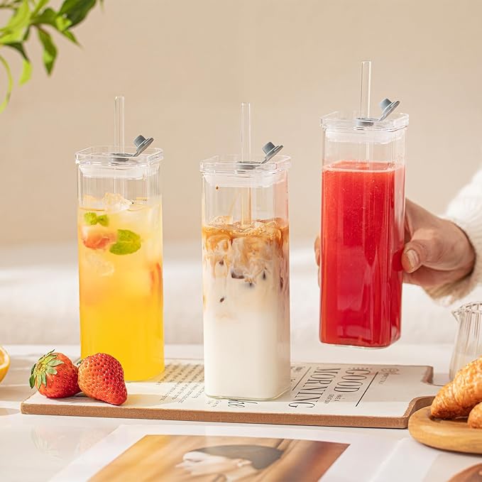 6 Sets Glass Cups with Lids & Straws, Square Ribbed Drinking Glasses with Lids, Clear Highball Tumblers for Cocktail, Coffee, Juice, Beer, Modern Mixed Drinkware Jars