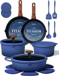 CAROTE 20Pcs Titanium Cookware Set, Pots and Pans Set Non Stick, Kitchen Cooking Set with Detachable Handle, Non Toxic Induction Cookware - Camping Cookware, Dishwasher/Oven Safe, Blue