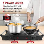 Electric Countertop Double Burner, 2000W Cooktop with Coil Hot Plate & Stay Cool Handles, 5 Level Temperature Control, Easy to Clean, Indicator Lights, Cooking Stove for Office/Home/Camping Use