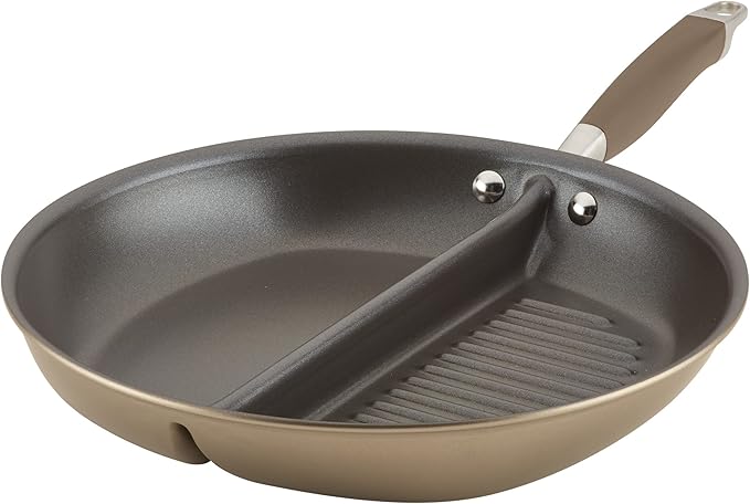 Anolon Advanced Home Hard Anodized Nonstick Divided Grill and Griddle Pan, 12.5 Inch, Bronze