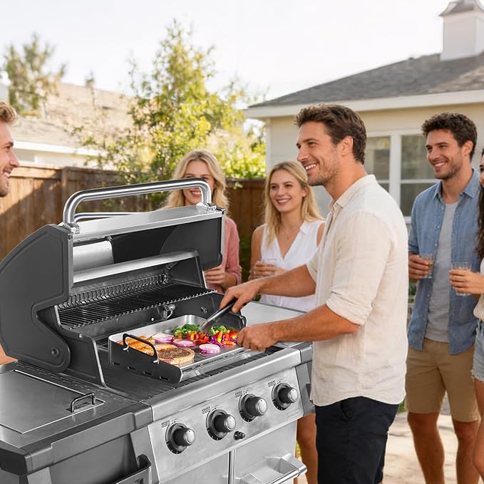 16" x 13" Stainless Steel Flat Top Griddle for Gas & Charcoal Grills, Universal Design for Outdoor & Home Cooking, with Grease Groove & Removable Handle, Ideal for Tailgating & Backyard Parties