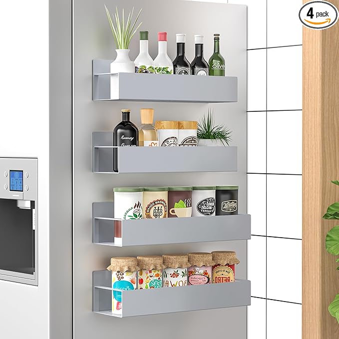 HuggieGems 4 Pack Magnetic Spice Storage Rack Organizer for Refrigerator and Oven, Gray Fridge Organizers and Storage