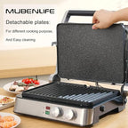 Panini Press,4 Slices Contact Grill with Removable Non-Stick Coated Grill and Flat Plates,Panini Makers with Temperature Control and Timer,Open 180 Degrees,Grill and Griddle (Half black with sus)
