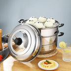 11.8inch Steam Pots with 3pcs Steamer Liners and Kitchen gripper 3-tier Stainless Steel Steamer Pot with Lid for Cooking Multipurpose Vegetable, Dumpling, Stock, Sauce
