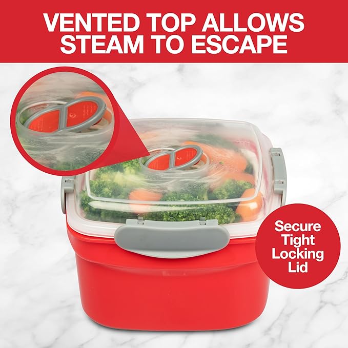 Microwave Food Steamer for Vegetables - 3 PC Microwavable Cooker with Storage- Cooking Made Easy- Removable Strainer Basket & Locking Steam Vent Lid - BPA Free, Fridge & Freezer Safe | 1.3 Liters