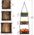 J JACKCUBE DESIGN 3-Tier Rustic Wood Hanging Fruit Basket, Kitchen Fruit, Vegetable Storage Organizer, Countertop Space Saver- Heavy Duty Metal Hooks- MK1008A