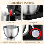 1500W 8.45QT Stand Mixer, 6-Speed Electric Dough Mixer with Whisk, Dough Hook & Beater, Large Capacity Kitchen Mixer for Baking Bread, Cakes, Salad and Cookies (Black)