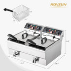 ROVSUN 24.9QT Electric Deep Fryer w/Frying Baskets Timer Drains & Lids, Dual Tank Kitchen Countertop Commercial Frying Machine, Adjustable Temperature, for French Fries Donuts Onion Rings, 3400W 110V