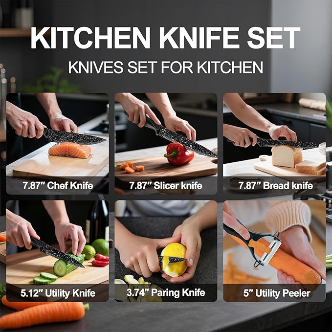 Knife Set, 6 Pieces Kitchen Knives Set with Anti-Rust Coating & Ergonomic Handles, Lightweight, Dishwasher Safe stainless steel Knife, Gift for Kitchen Enthusiasts, Family Chef(Phoenix Tail)