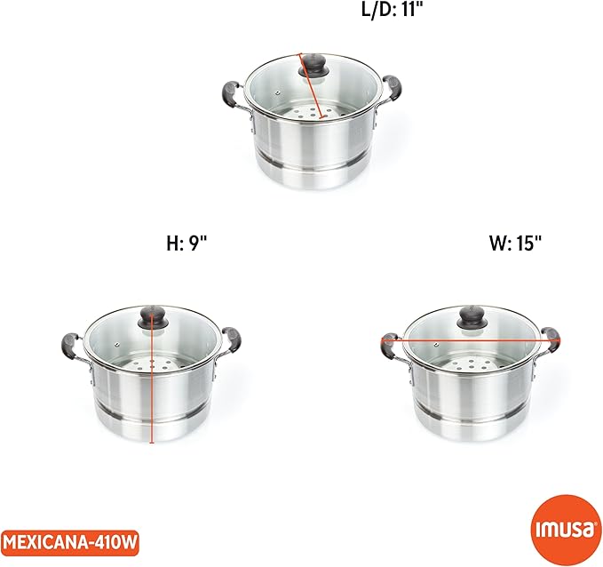 IMUSA USA MEXICANA-410 Aluminum Steamer with Glass Lid 10-Quart, Silver, 10Qt