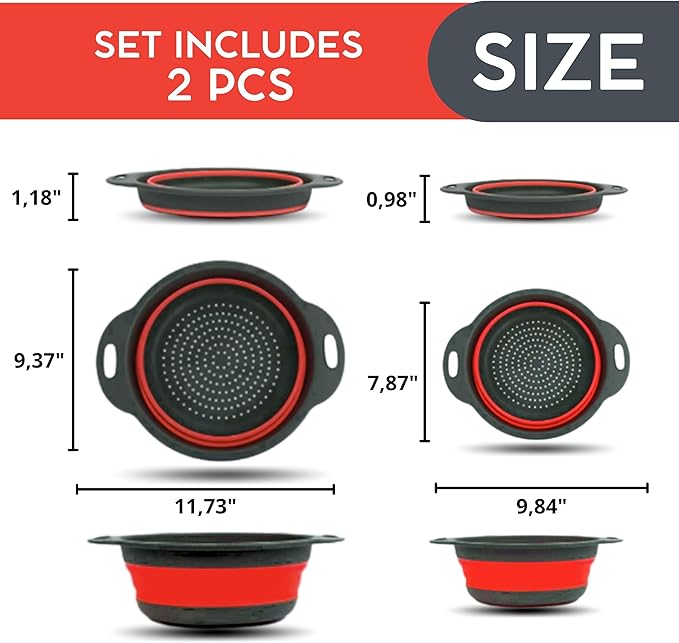 Red Kitchen Strainer Colander Set - 2 PCS Silicone Food Strainers for Kitchen Collapsible Colander with Plastic Handles for Pasta and Spaghetti Multifunctional