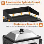 OLIXIS Electric Grill Indoor for Steak and Veggies, Smokeles Griddle with Lid for Kitchen Cooking, Countertop Oven Includes Temp Control/Grill Plate/Splash Guard/Crumb Tray, Silver