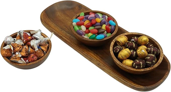 Acacia Wooden Calabash Bowls with Baguette Tray, 4-Piece Set: Three 4.25" Dip Bowls and 13.5" Bread Tray, Rustic Handcrafted Appetizer & Condiment Set