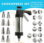 Stainless Steel Cookies Press,Cookie Press Gun Kit with 13 Cookie Discs and 8 Piping Tips for DIY Various Cookies Maker