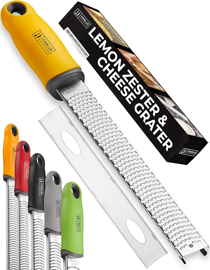 Orblue Lemon Zester & Cheese Grater - Premium Citrus Zester, Kitchen Grater for Parmesan, Chocolate, Fruits, Vegetables, Ginger, Garlic, Nutmeg - Stainless Steel Blades with Protective Cover, Yellow