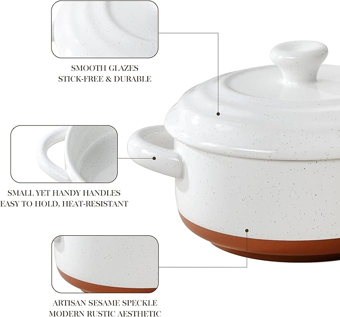 MALACASA Mini Cocotte Set - 12 OZ Small Casserole Dishes for Oven, Ramekins with Lids and Handles, Ceramic Mini Dutch Oven Set of 4, Microwave & Dishwasher Safe, Khaki White, Series TARA