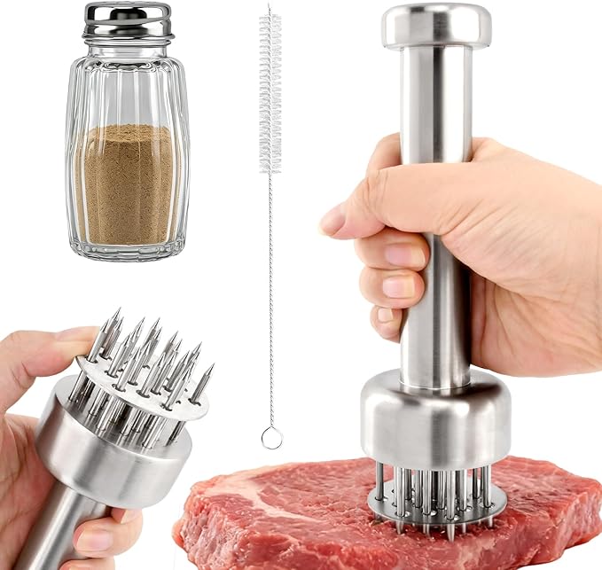 Stainless Steel Meat Tenderizer Tool, 21 Sharp Needles, Chicken Meat Tenderizer, Tenderizing Steak, Beef, Chicken, Pork, Barbecue, Marinating Prep Tool, with Cleaning Brush and Seasoning Jars