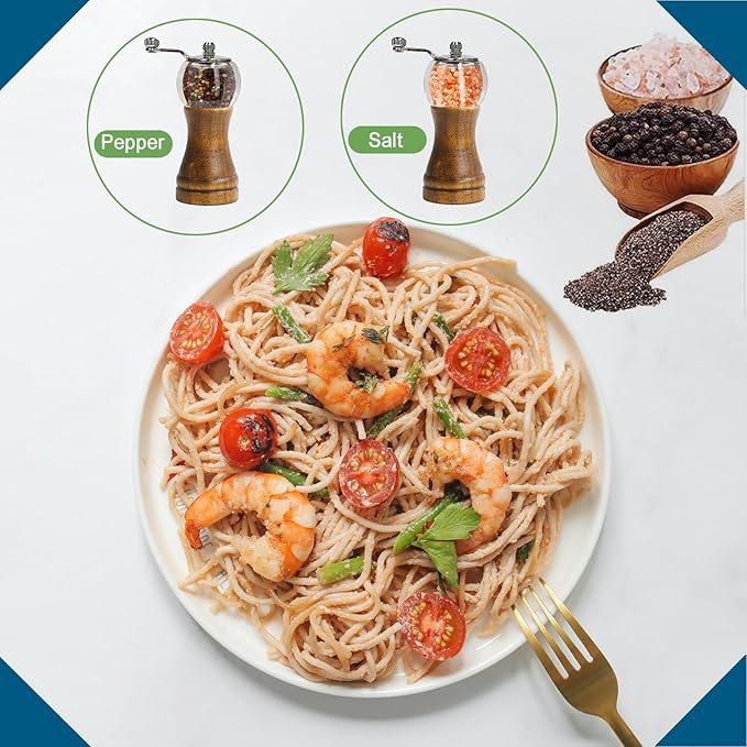 Pepper Mills, Classical Roast Black Manual Pepper Grinder Set，Hand Shake Salt Mill，Retro Style Wood， Acrylic，Ceramic Blades，Metal Handle, Enjoy Fresh Pepper (Walnut color 1pcs-6in)