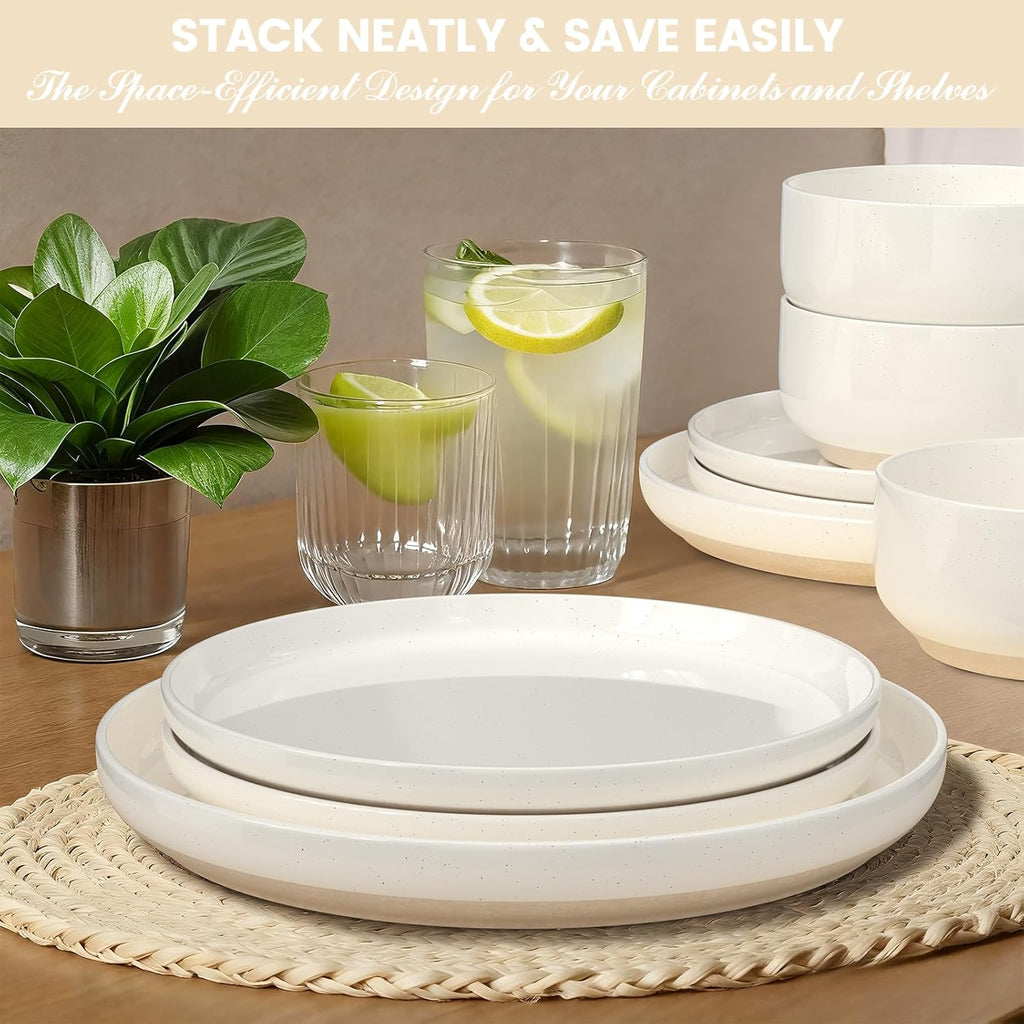 Umite Chef 12 Piece Ceramic Dinnerware Set for 4 – Cream White Plates & Bowls