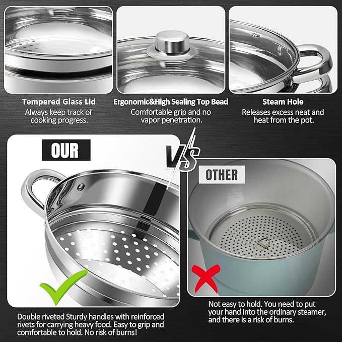 6 QT Stainless Steel Cookware Set, 3-Piece Multipurpose Stock Pot with Steamer Pot and Tempered Glass Lid, Stainless Steel Handle, Work with Gas Electric Induction Stove