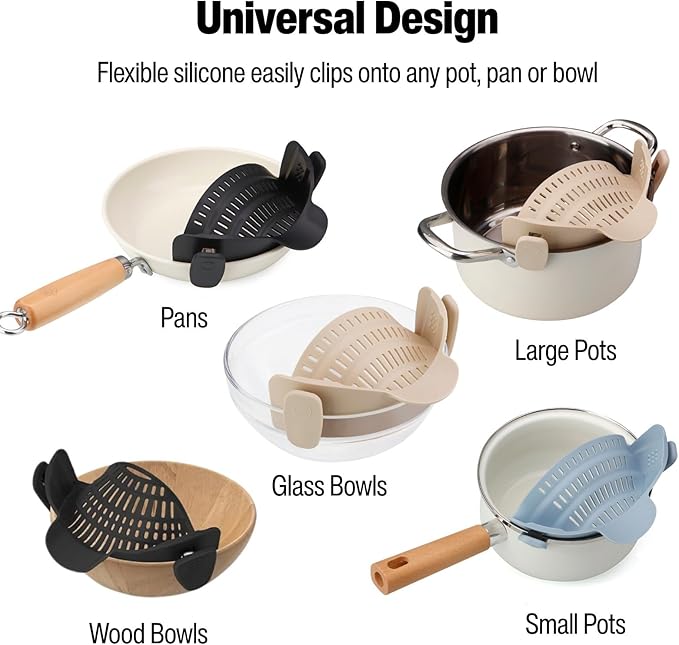 Silicone Pot Strainer, Emptycolor Adjustable Clip On Strainer for Pots Pans, Heat Resistant Pot Drainer, Kitchen Pasta Colander for Vegetables and Noodles (Light Tan)