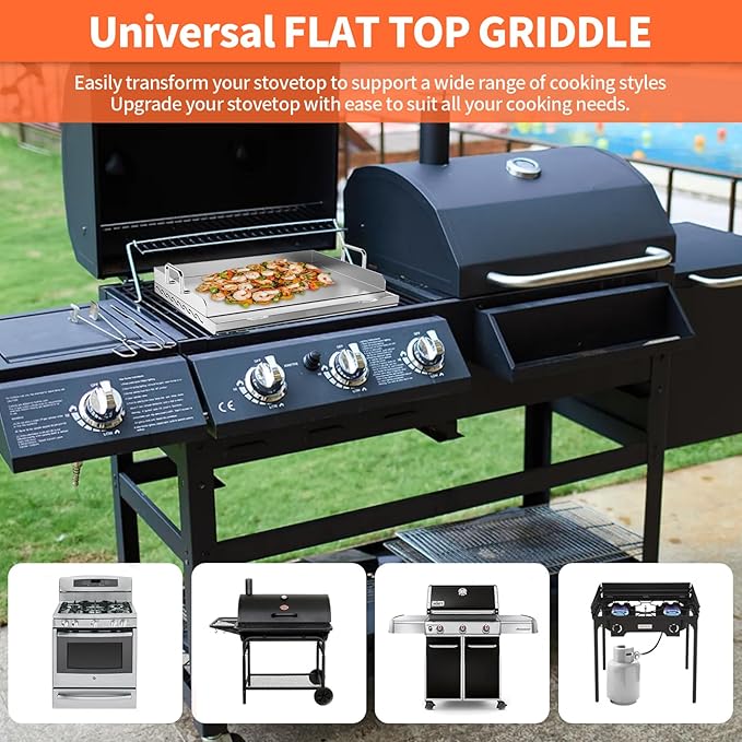 Stainless Steel Griddle for Gas Grill, 23" x 16" x 2.2", Flat Top Grill with Removable Grease Tray