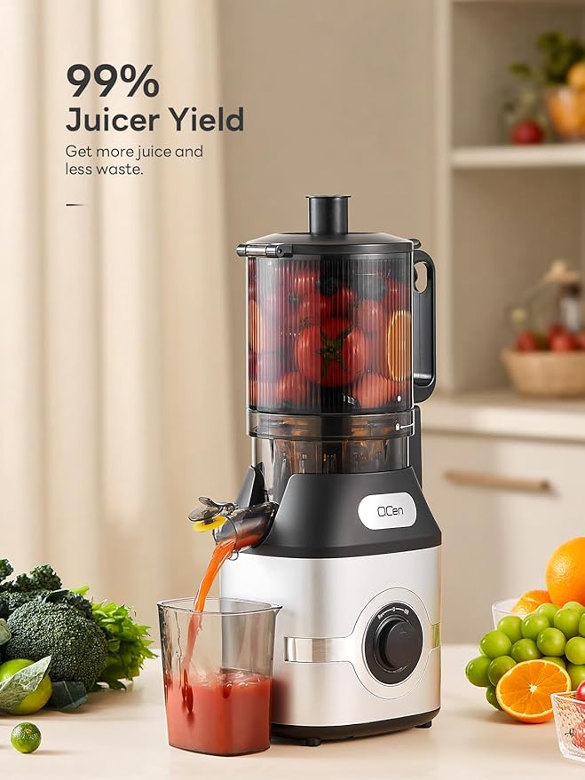 QCen Cold Press Juicer, 5.5” Wide Feed Chute Slow Masticating Juicer Machine for Whole Fruits and Vegetables, Easy to Clean (Silver)