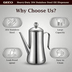 GEDO 304 Stainless Steel Oil Dispenser, Eagle Beak Drip-Free Spout Oil Pot with Extra Wide Mouth & Air Vent Lid, Large Capacity for Kitchen Cooking & Outdoor Grilling (1.37QT / 1300ml)