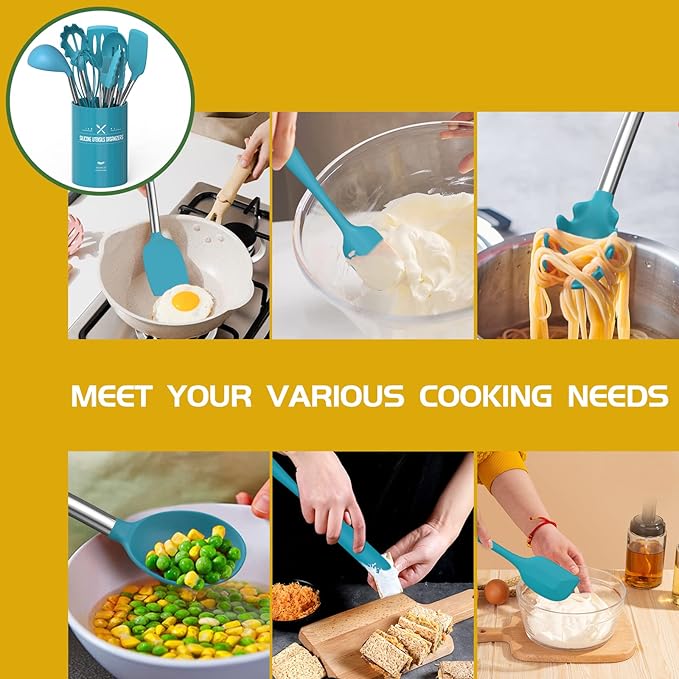 15 Pcs Silicone Cooking Utensils Kitchen Utensil Set - Umite Chef 446°F Heat Resistant Stainless Steel Handles Kitchen Gadgets Tools Set for Nonstick Cookware(Blue)