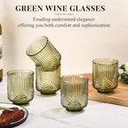 Green Vintage Drinking Glasses Set of 6-15oz Hand-Blown Highball Ribbed Glassware, Arch Design Cocktail Glasses for Whiskey Water Beverages Ice Coffee Juice Milk
