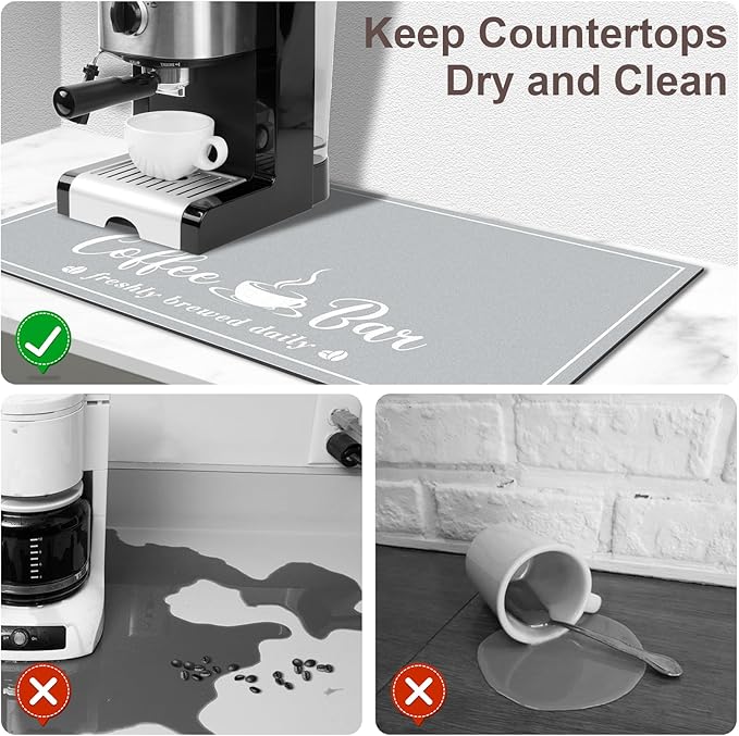 CooRug Absorbent Coffee Mat, Fashion Dish Drying Mat for Kitchen Counter Coffee Bar Accessories Espresso Machine Dish Rack 12" x 20" Light Grey