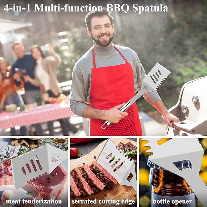 ROMANTICIST 25pcs Extra Thick BBQ Grill Accessories, Christmas Grilling Gifts Set for Men Dad, Heavy Duty Grill Tools Utensils Kit with Spatula, Tongs in Aluminum Case for Birthday Silver