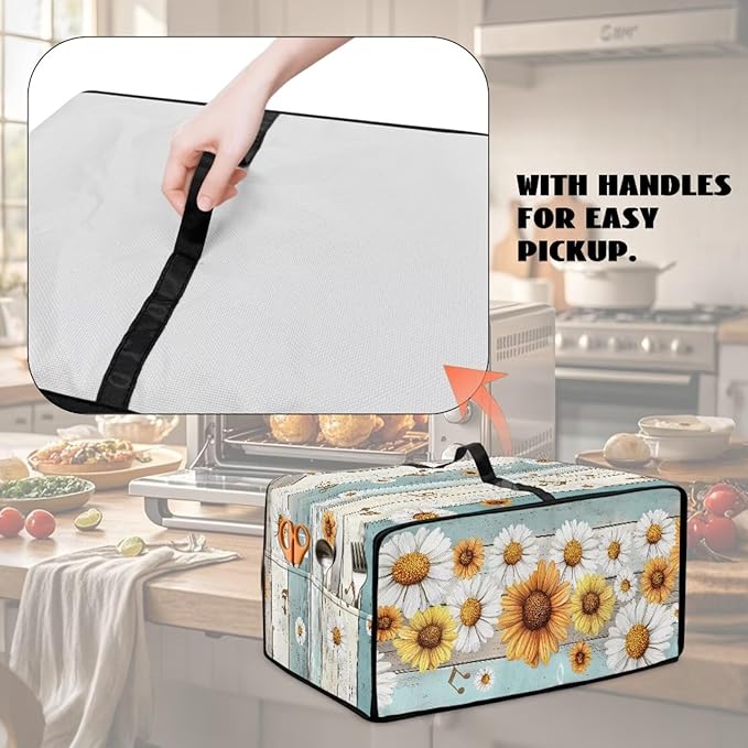 Wooden Board Daisy Print Toaster Oven Dust-proof Cover for Kitchen Small Appliance Fingerprint Protection Decorative Countertop Oven Protector (Medium-16.1 * 19.71 * 10 inches)