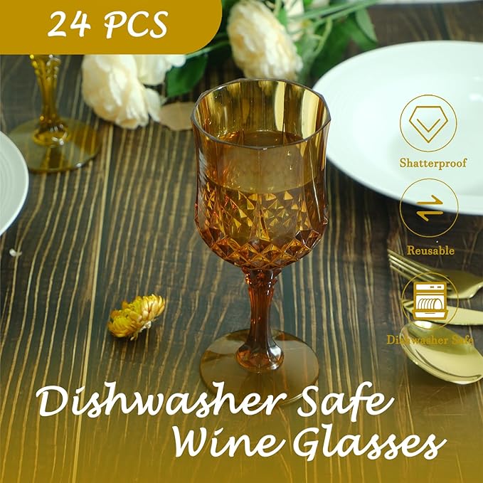 Plastic Wine Glasses, Plastic Goblets Vintage Style Cordial Unbreakable Drinking Glasses, Reusable Drinkware for Wedding Reception, Grand Event Party Supplies (24, Amber)