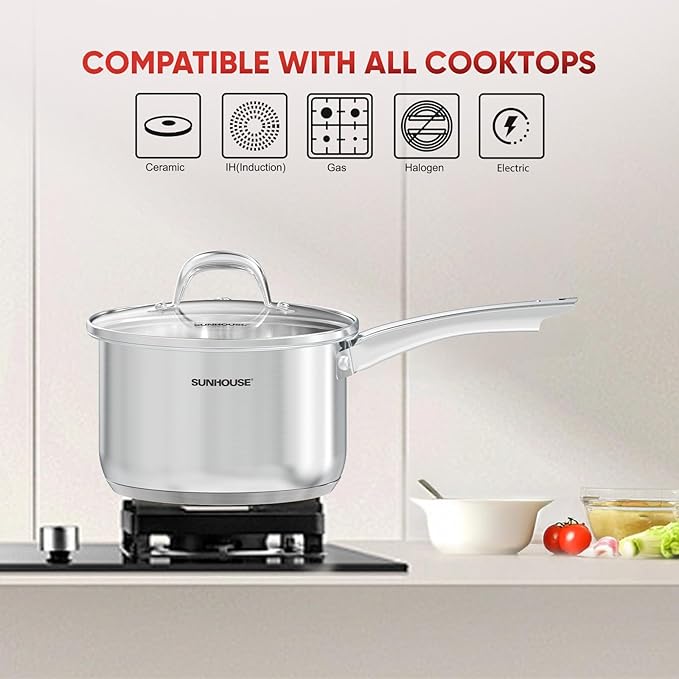 SUNHOUSE – 2 Quarts Stainless Steel Sauce Pan with Lid - PFOA-Free, Stainless Steel Sauce Pan, Advanced Impact Bonding Induction Base, Stay-Cool Handle, Compatible with All Cooktops