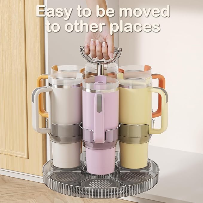 Rotating Coffee Bar Accessories Organizer, 2-Tier Lazy Susan Cup Holder for Stanley 40oz Tumbler with Handle, Countertop Drying Rack Station with Divided Tray for K-Cups, Snacks & Mugs