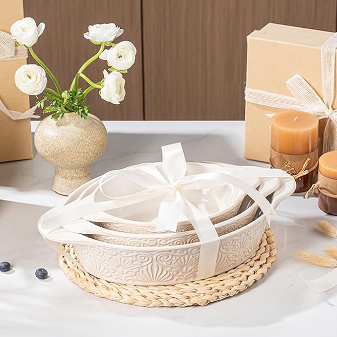Dafuceramic Casserole Dishes for Oven Sets of 3, Ceramic Oval Baking Dish, Au Gratin Baking Pans with Handles for Roasting, Lasagna, Pie, Baking Meat & Vegetables (Beige White)