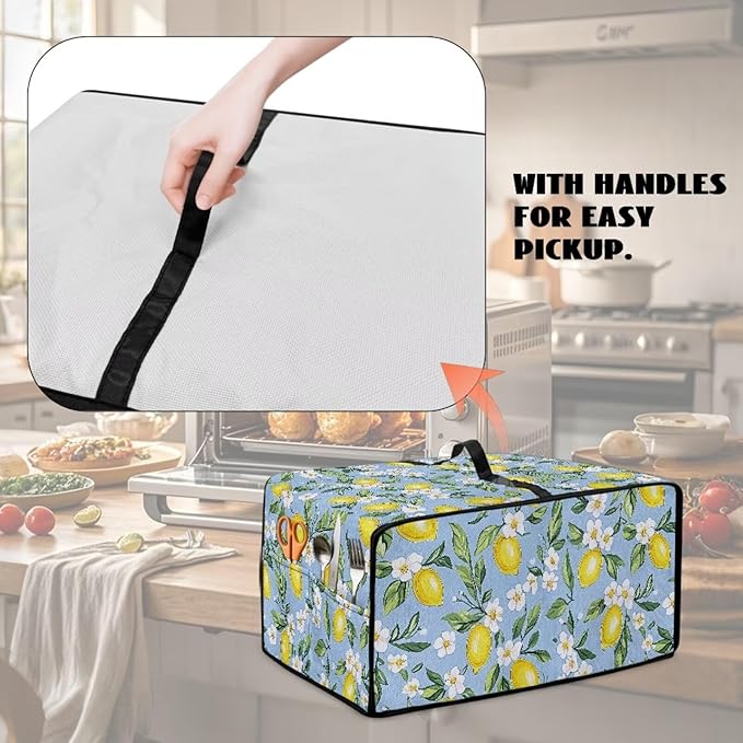 Lemon Daisy Print Toaster Oven Heavy Duty Cover with Pockets, Dust-proof Anti Fingerprint Microwave Oven Cover, Air Fryer Covers for Kitchen Counter (Small-14.5*18.46*9 inches)