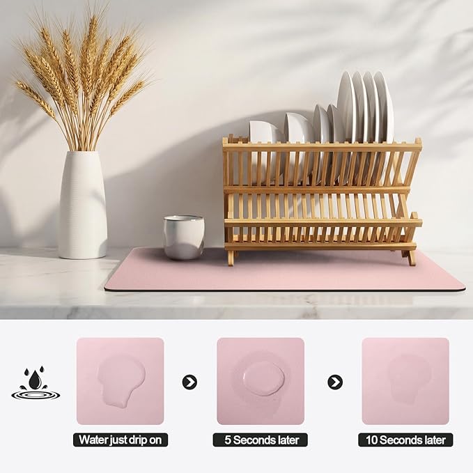 Ecotrim - Dish Drying Mat for Kitchen Counter | Coffee Bar Mat for Countertops | Heat Resistant Drainer Mat with Non-slip Rubber Backed | Hide Stain Kitchen Absorbent Draining Mat | Pink 18"x32"