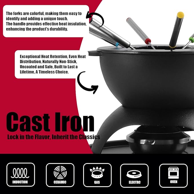 Artestia 5-Cup Cast Iron Fondue Pot for Chocolate, Cheese Fondue Pot with 6 Colored Forks for Fondue Party, 4-6 Person, Black