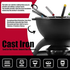 Artestia 5-Cup Cast Iron Fondue Pot for Chocolate, Cheese Fondue Pot with 6 Colored Forks for Fondue Party, 4-6 Person, Black