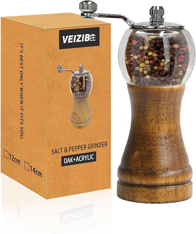 Pepper Mills, Classical Roast Black Manual Pepper Grinder Set，Hand Shake Salt Mill，Retro Style Wood， Acrylic，Ceramic Blades，Metal Handle, Enjoy Fresh Pepper (Walnut color 1pcs-6in)