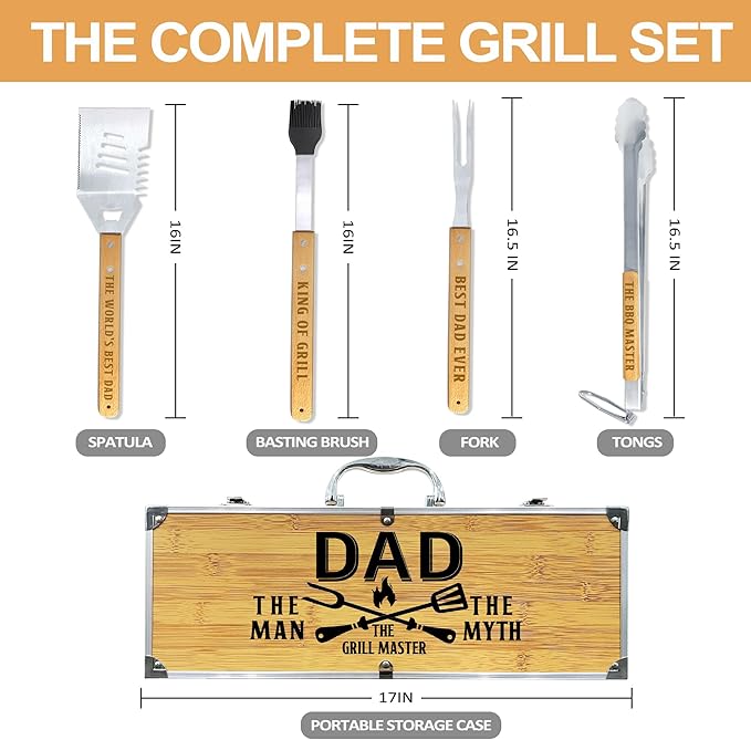 Christmas Dad Gifts from Daughter Heavy Duty Wooden BBQ Grilling Accessories Kit for Backyard, Thick Stainless Steel Grill Utensils with Non-Slip Handle Tools in Portable Bag Birthday