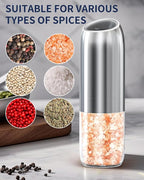 CIRCLE JOY Gravity Electric Salt and Pepper Grinder Set, Battery Powered Automatic Pepper Mills with Adjustable Coarseness, One Hand Operation, 176ml Large Container, Silver - Includes 8 Batteries