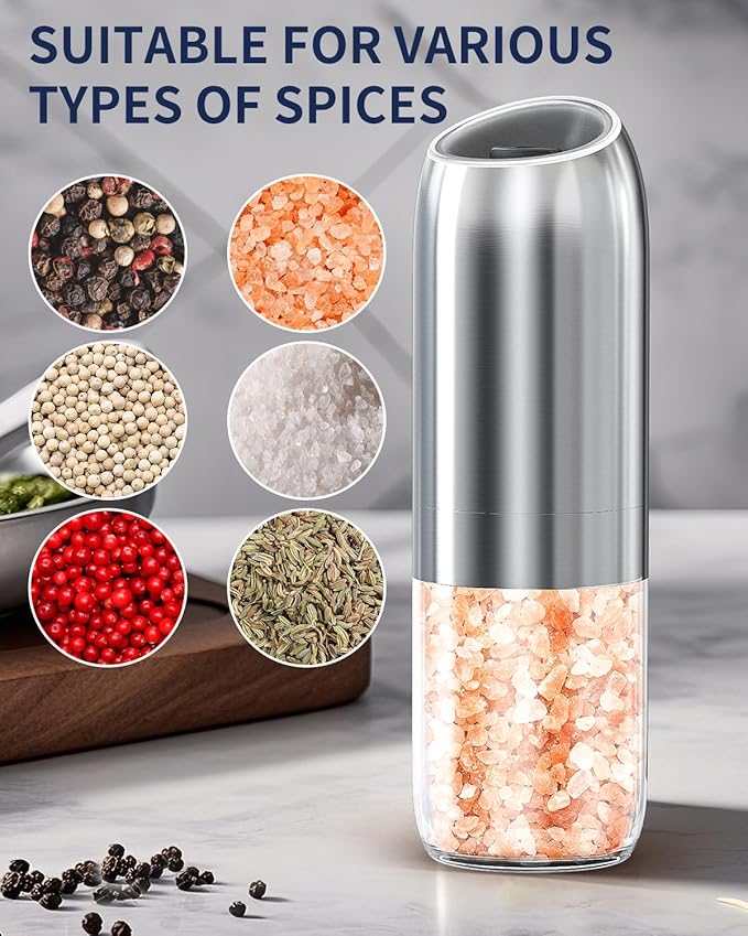 CIRCLE JOY Gravity Electric Salt and Pepper Grinder Set, Battery Powered Automatic Pepper Mills with Adjustable Coarseness, One Hand Operation, 176ml Large Container, Silver - Includes 8 Batteries