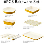 CAROTE 6-Piece Ceramic Baking Pans Set, Aluminized Steel Bakeware Sets, Toxin-Free Nonstick Stackable Oven Pans with Cookie Sheet, Muffin Pan, Loaf Pan, Round & Square Cake Pan, Cooling Rack