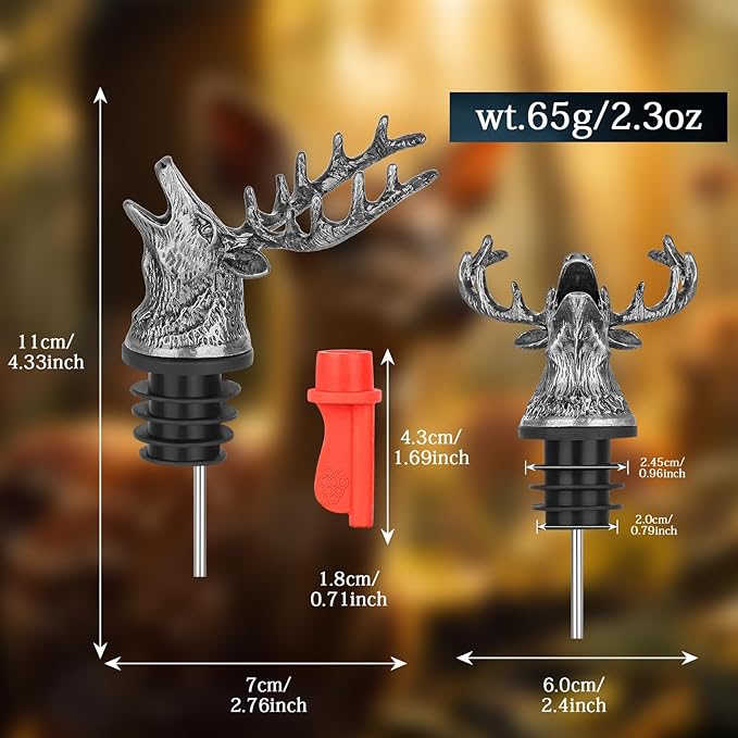 Deer Head Liquor Pourers Spout, Deer Wine Bottle Pourer and Stopper for Wine Spirits, Stag Gifts Birthday Gifts Hunting Gifts for Hunters Men Women, Silver