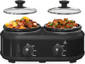 Double Slow Cooker, 2 x 1.25 QT Portable Small Dual Crock Cooker, Buffet Servers and Warmers Dishwasher Safe, Removable Ceramic Pot Glass Lid, Stainless Steel Black