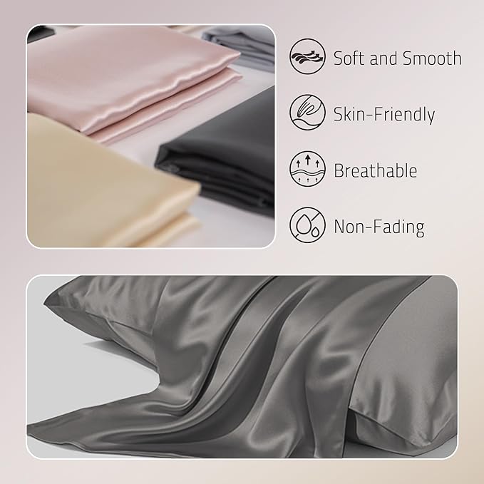 Mulberry Silk Pillow Case for Hair and Skin Prevent Acne Pillow Cases Both Sides Real Silk Pillowcases Organic Silk Pillowcase with Hidden Zipper, Grey, Queen (20"×30")